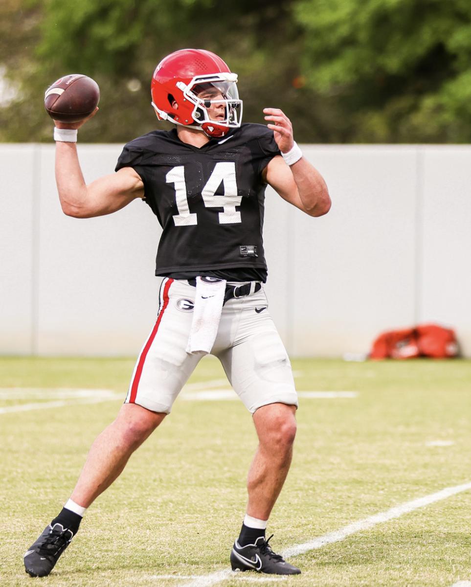 Georgia quarterback Gunner Stockton during Georgia’s practice session in Athens, Ga., on Tuesday, March 28, 2023. (Tony Walsh/UGAAA)